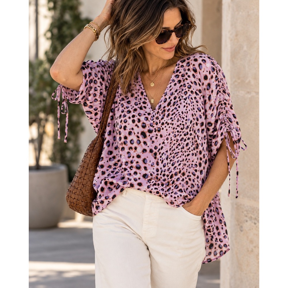 CAbi Seaside Top Pink Panther Leopard Print Ruched Tie Sleeve Blouse Pink M